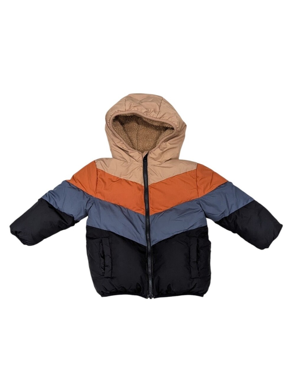 Swiss Tech Colorblock Puffer Coat Jacket Tan Orange Gray Black Ticket Boys 3T